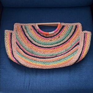 Shirtless Chicago rainbow 100% jute purse with wooden handles beach Bohemian